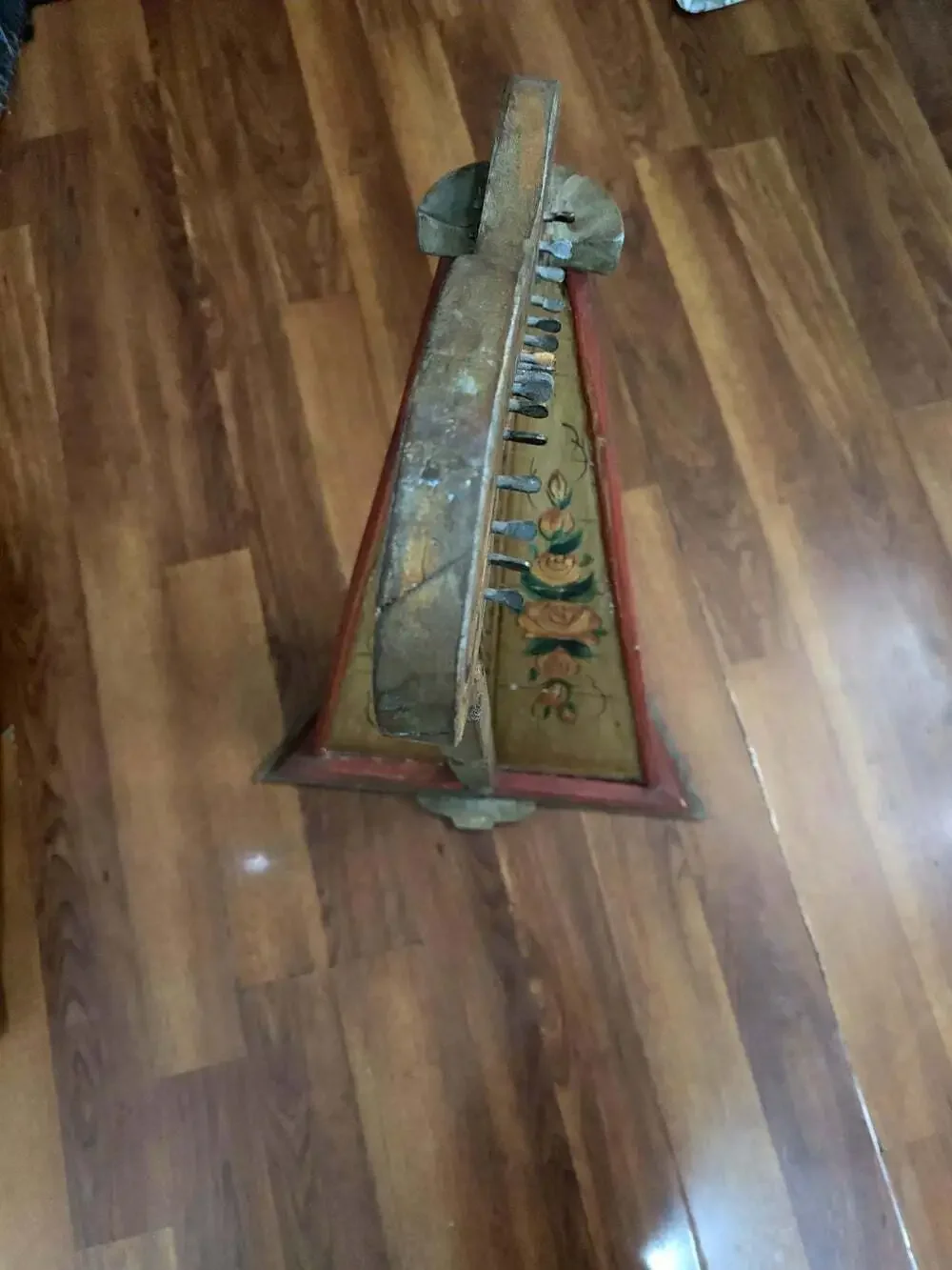 Antique 19thC Folk Art Table Harp Painted Lap Harp Zither Celtic Parlor Instrume